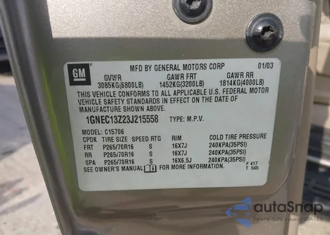 2003 Chevrolet Tahoe Ls из США, поврежденный, VIN 1GNEC13Z23J215558